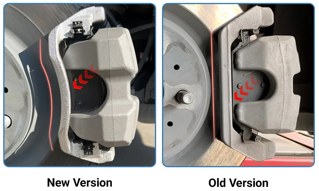Model 3 Highland rear brake caliper comparison showing old and new versions