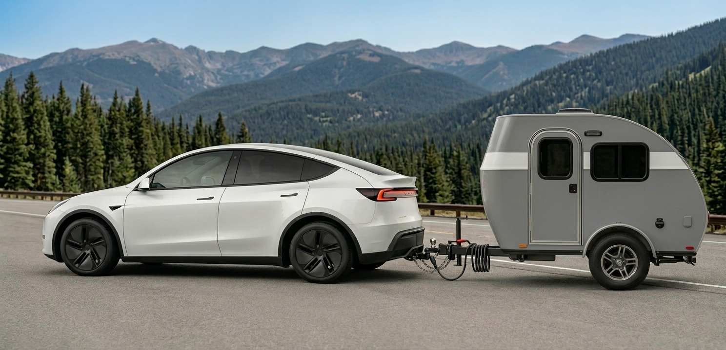 Tesla Model Y towing a small trailer on a mountain road
