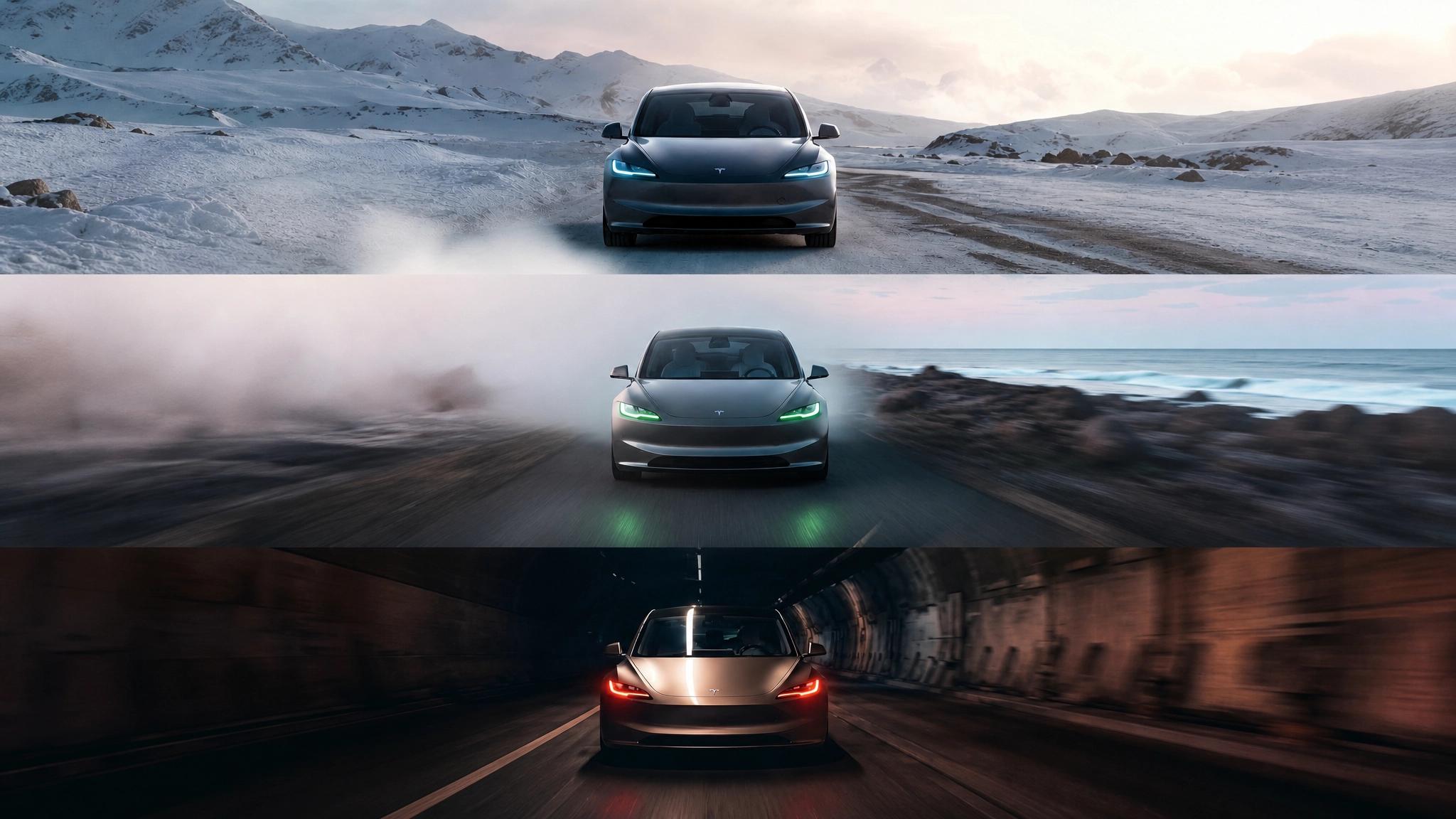 Tesla Model 3 Highland with vibrant RGB daytime running lights active at night