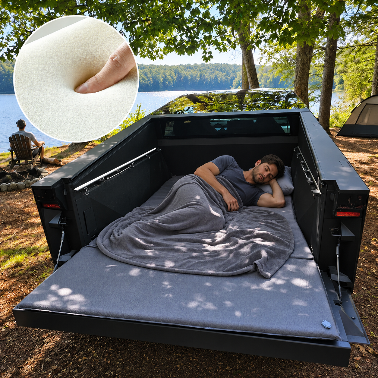 Camper sleeping on the mattress in the truck bed, with close-up inset showing the soft memory foam surface