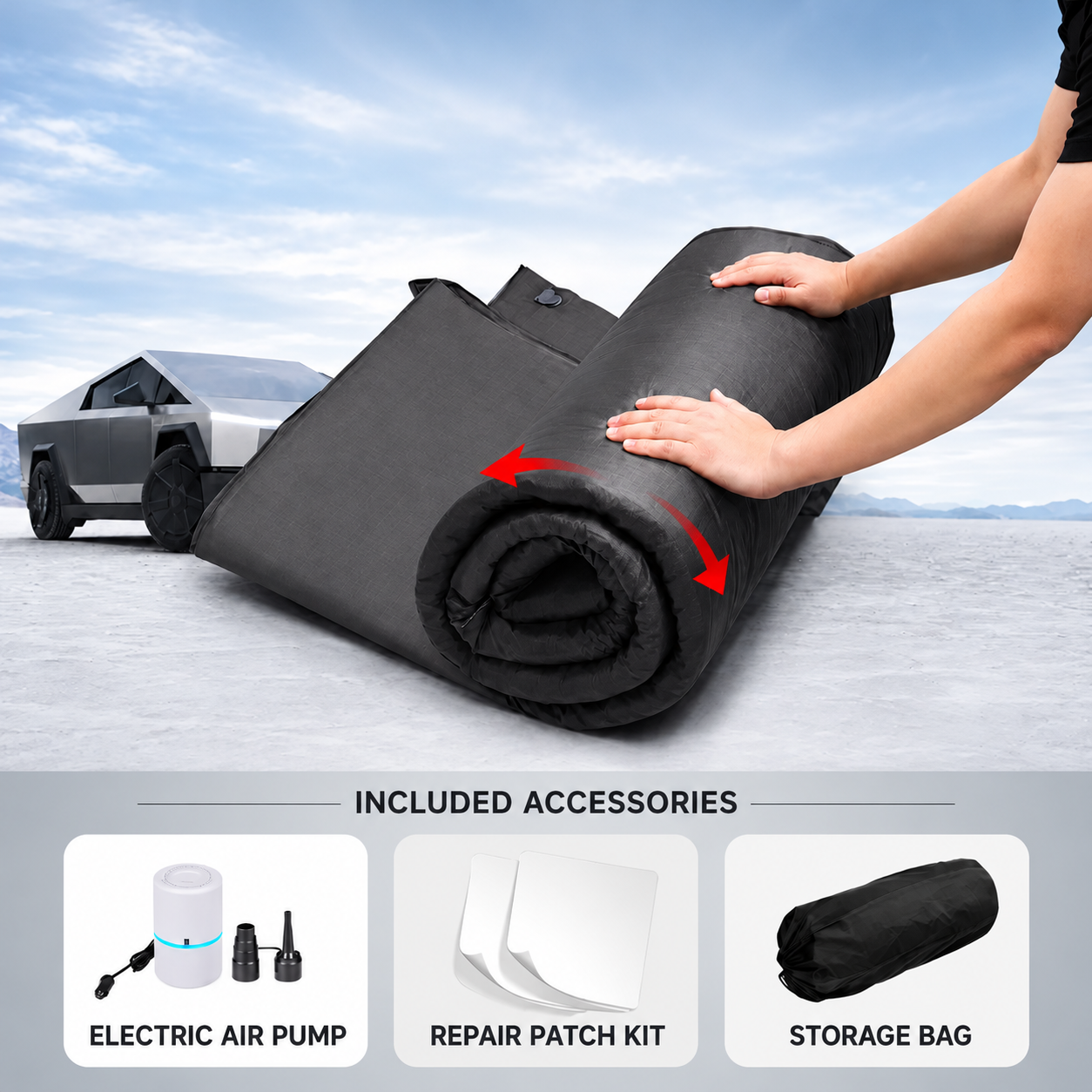 Rolled-up mattress with the included accessories shown below: electric air pump, repair patch kit, and storage bag