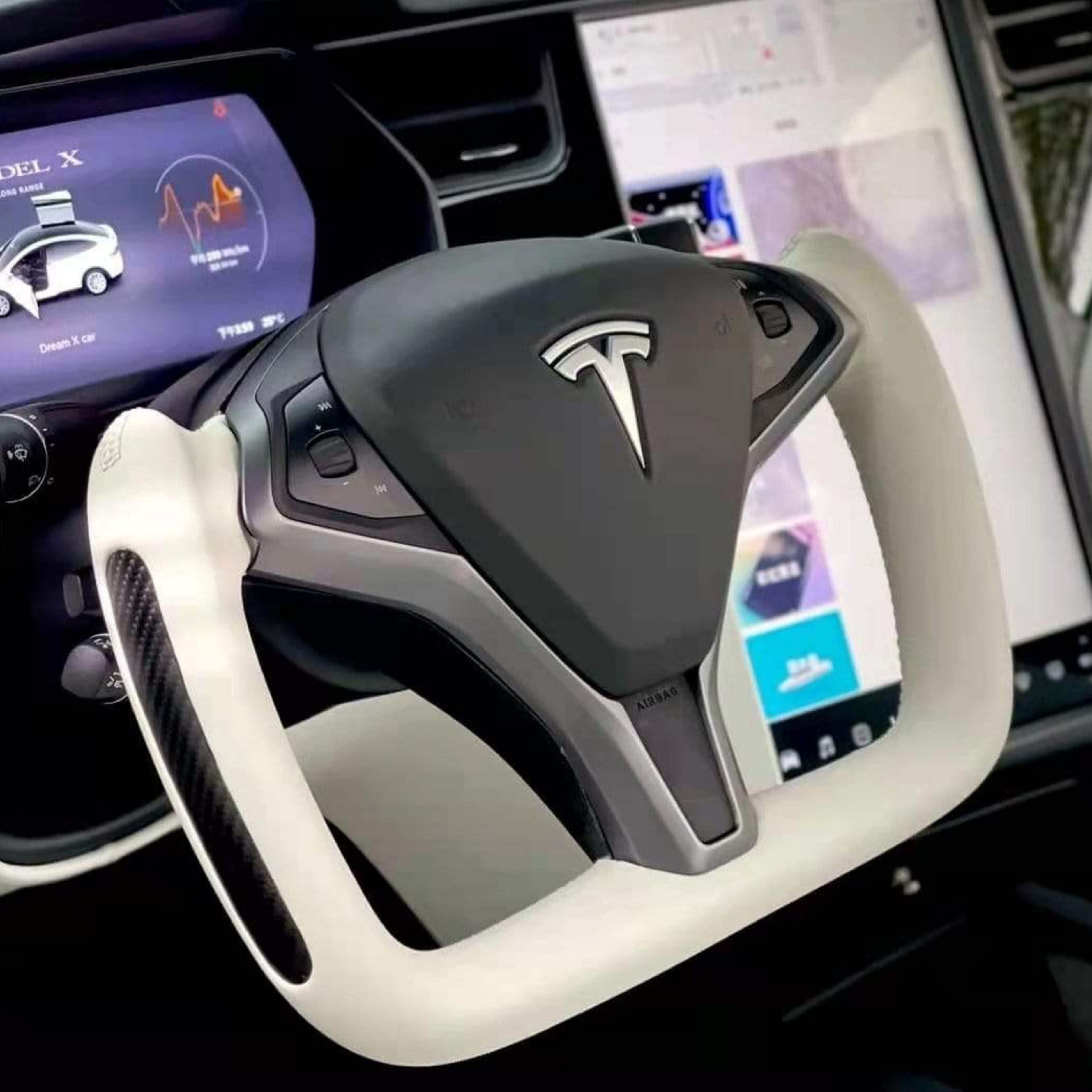 White Leather yoke option shown in a compatible legacy Tesla Model X interior