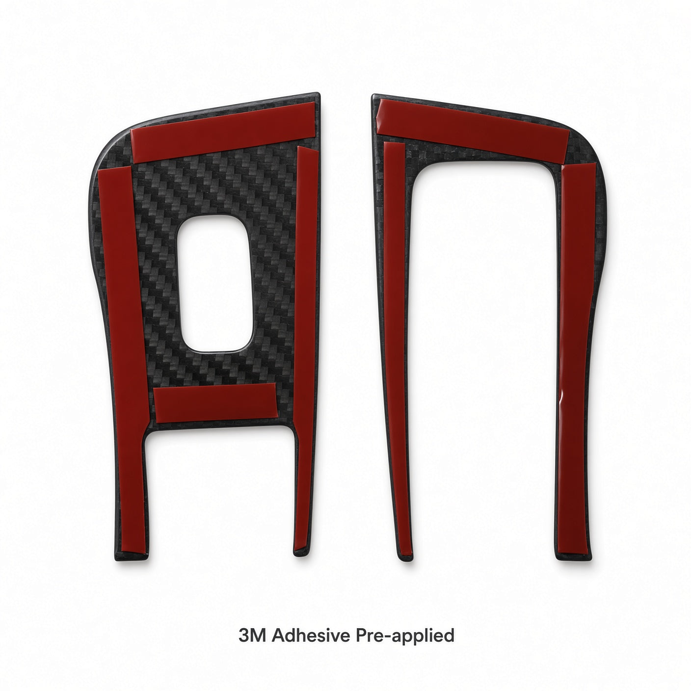 Peeling the red release liner to expose the pre-applied 3M double-sided adhesive on the reverse side of a carbon fiber window switch cover