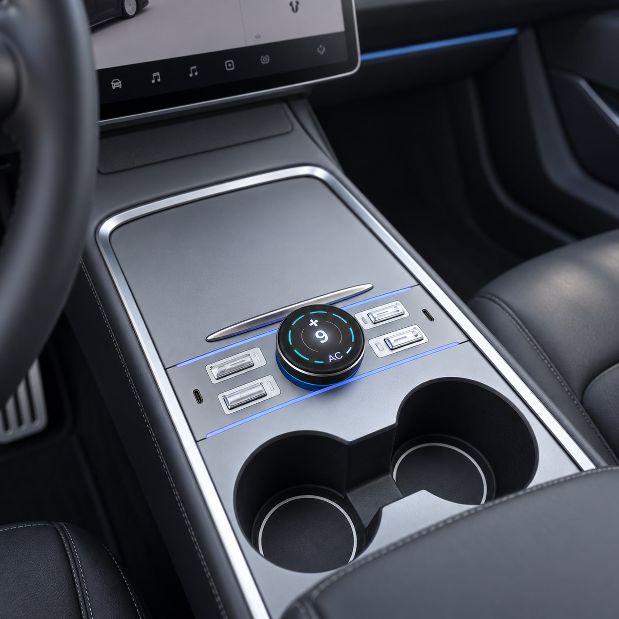 LCD rotary control dock installed in a Tesla Model 3 or Model Y center console