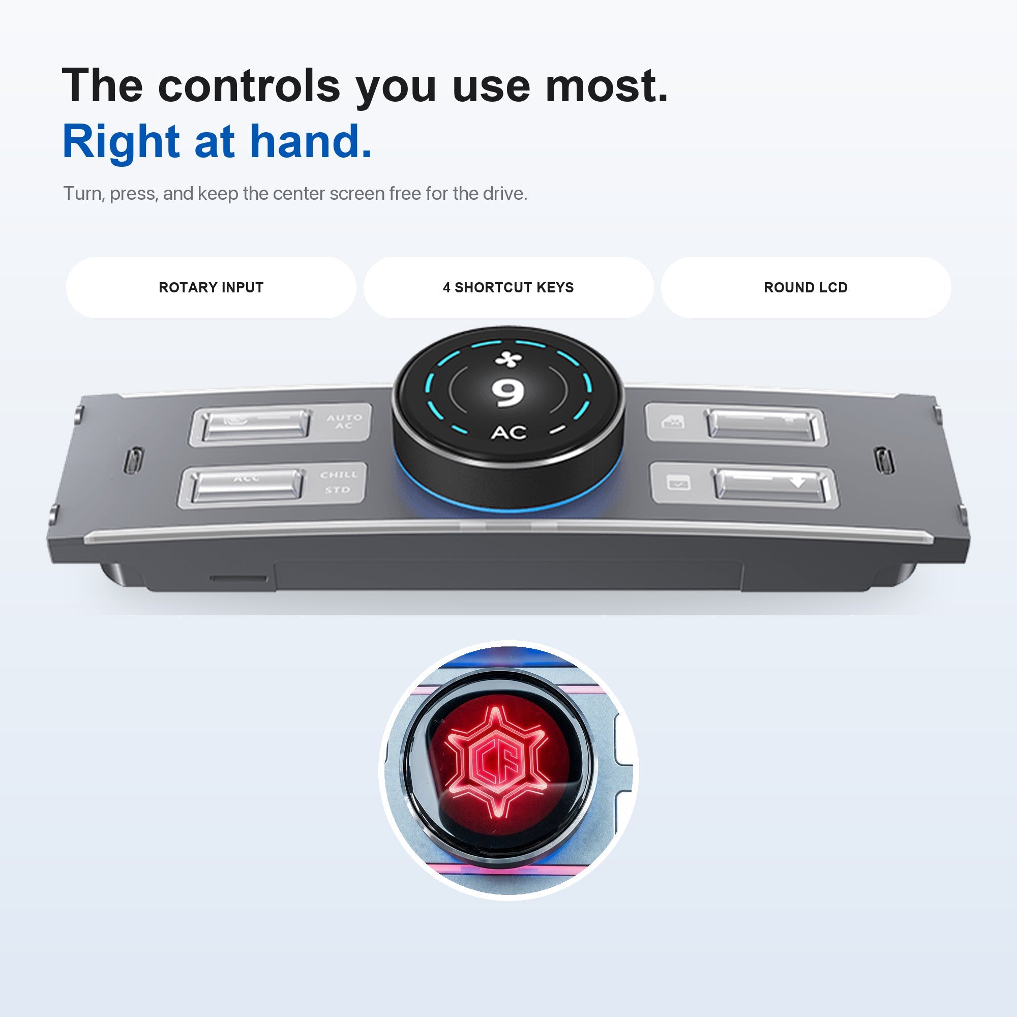 LCD rotary controller with round display and four shortcut keys