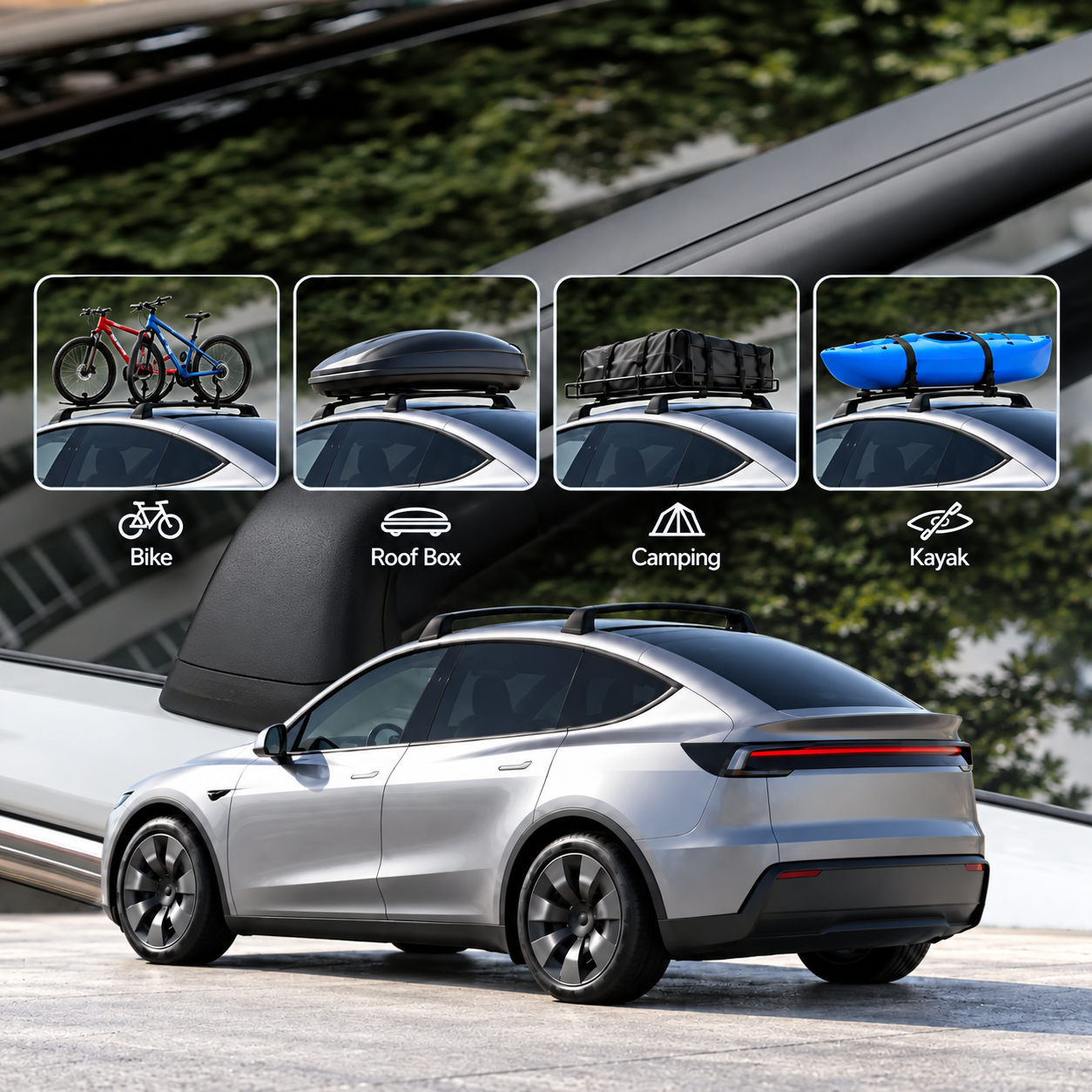 Compatible bike, roof box, camping and kayak accessories mounted on the TESERY roof rack