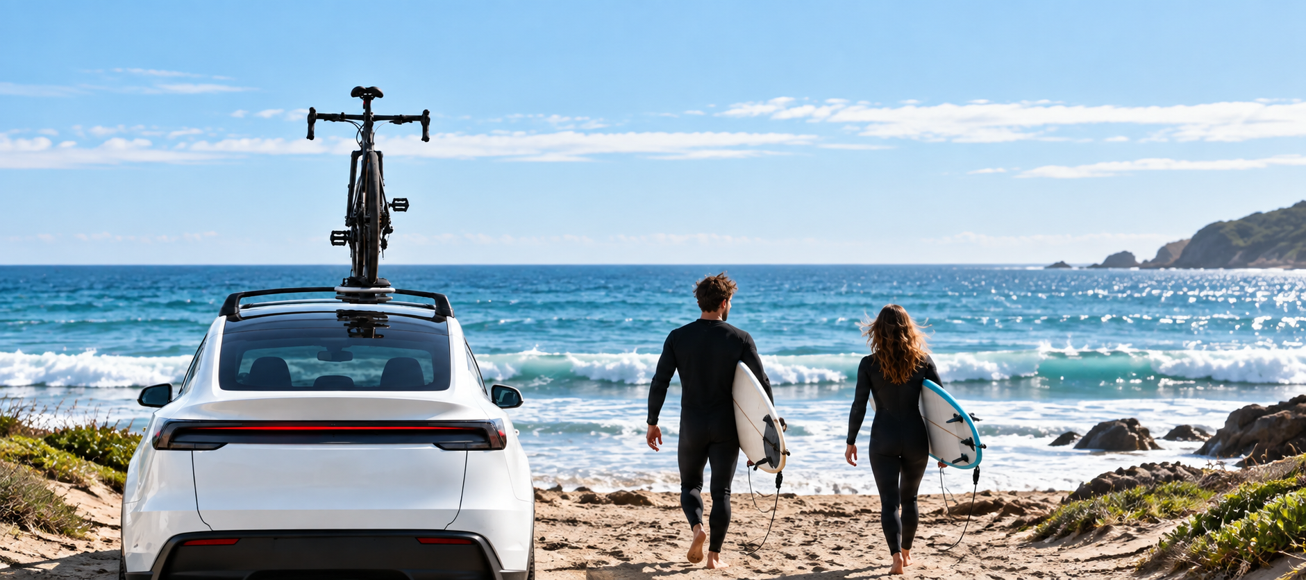 Tesla Model YL roof rack carrying a bike at the beach with two surfers walking toward the sea