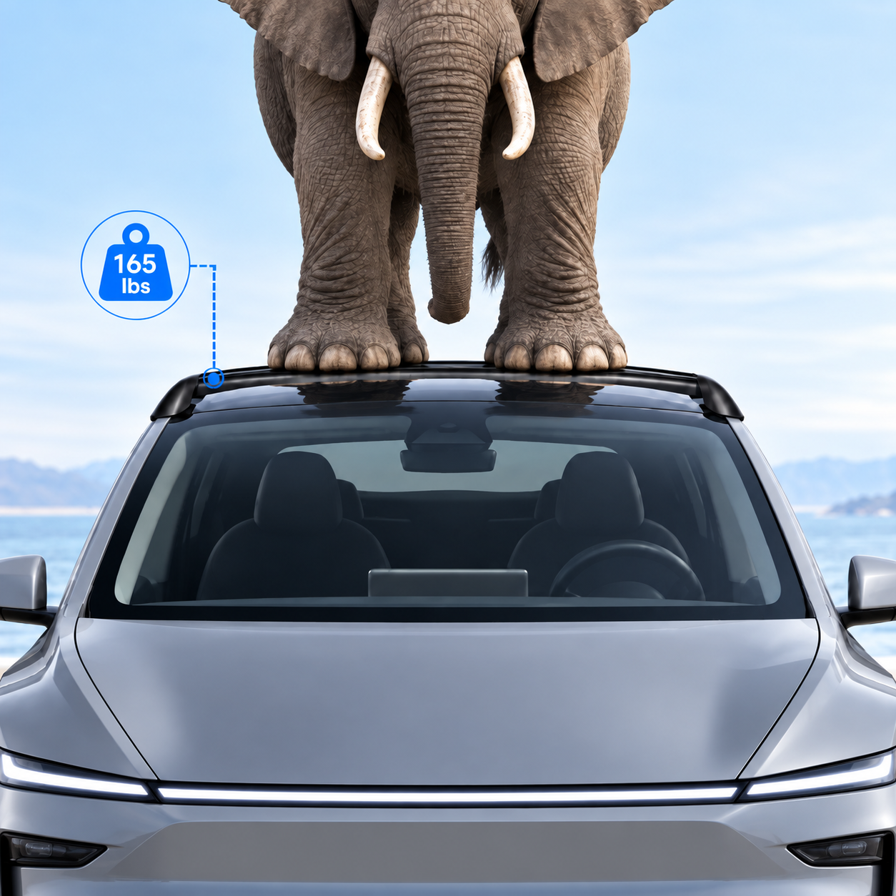 Tesla Model YL roof rack capacity of 165 lbs, illustrated with an elephant on the roof rack