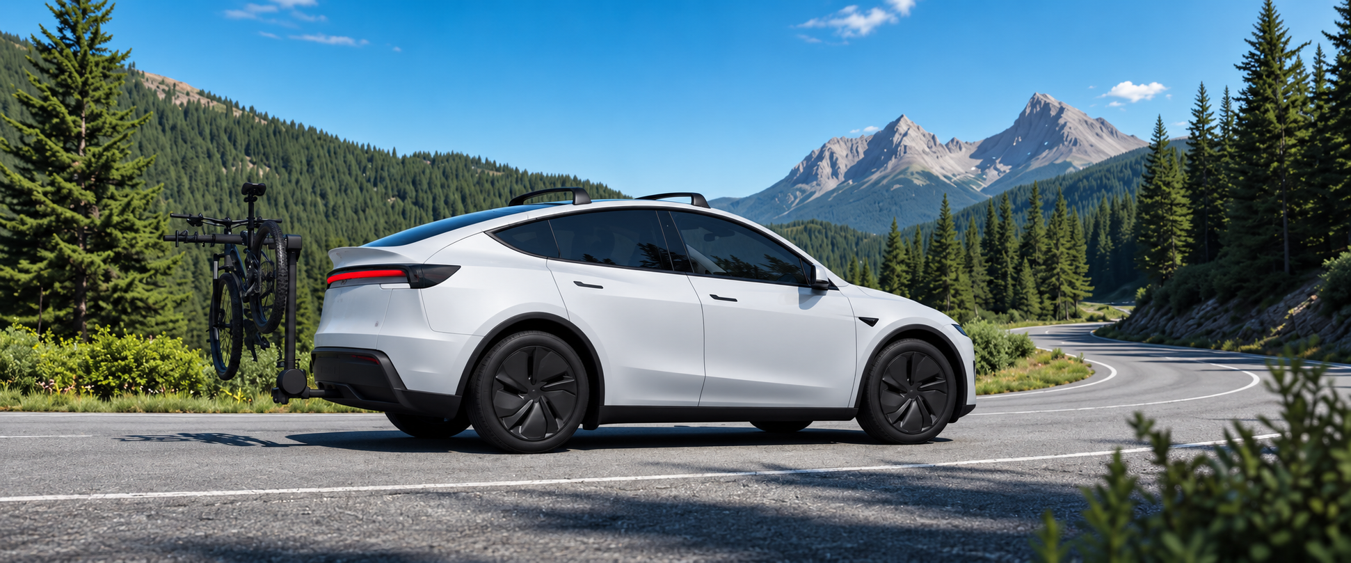 Tesla Model Y carrying bicycles on a mountain road