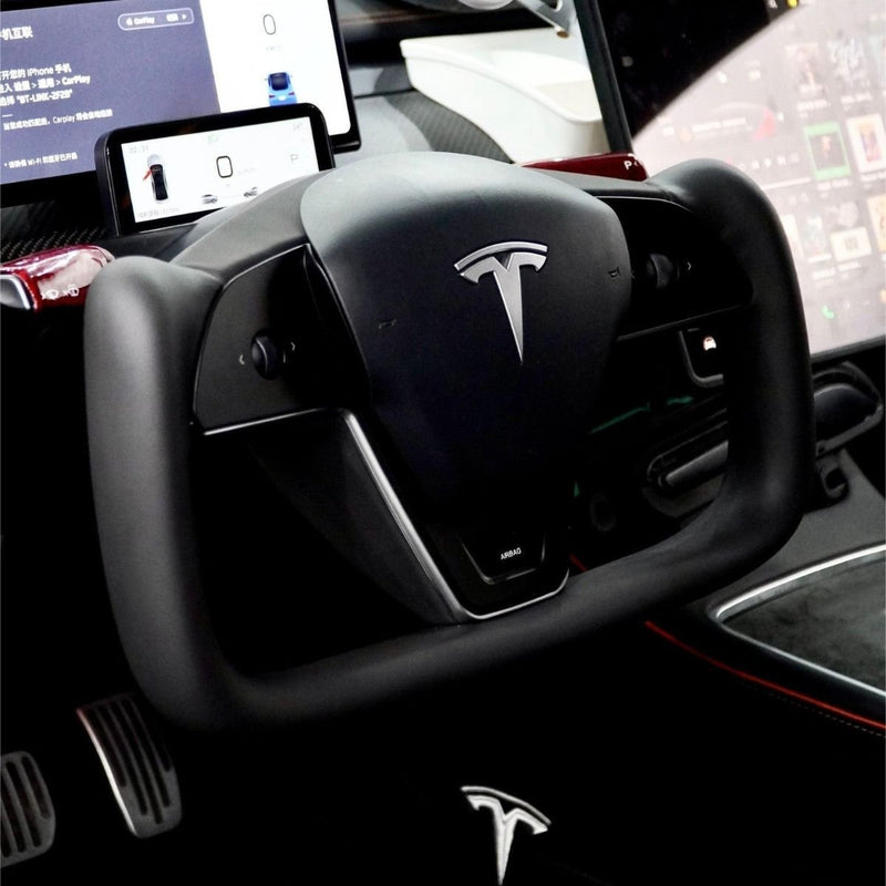 TESERY New Plaid yoke steering wheel installed in a compatible Tesla Model 3 or Model Y