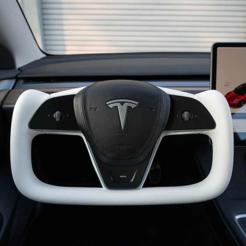 White leather yoke steering wheel for compatible Tesla Model 3 and Model Y